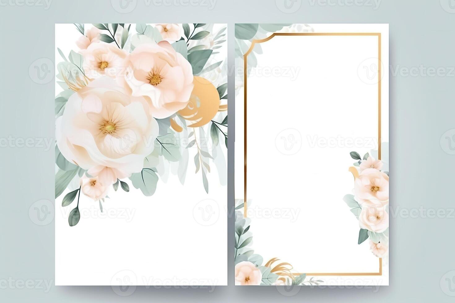 Watercolor Rose Flower and Leaves Decorative Vertical Background Or Card Mockup. Illustration. photo