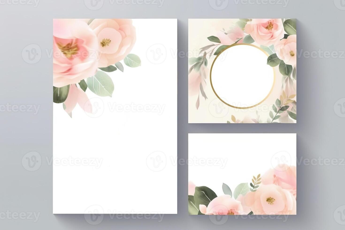 Watercolor Rose Flower and Leaves Decorative Vertical Background Or Card Mockup. Illustration. photo