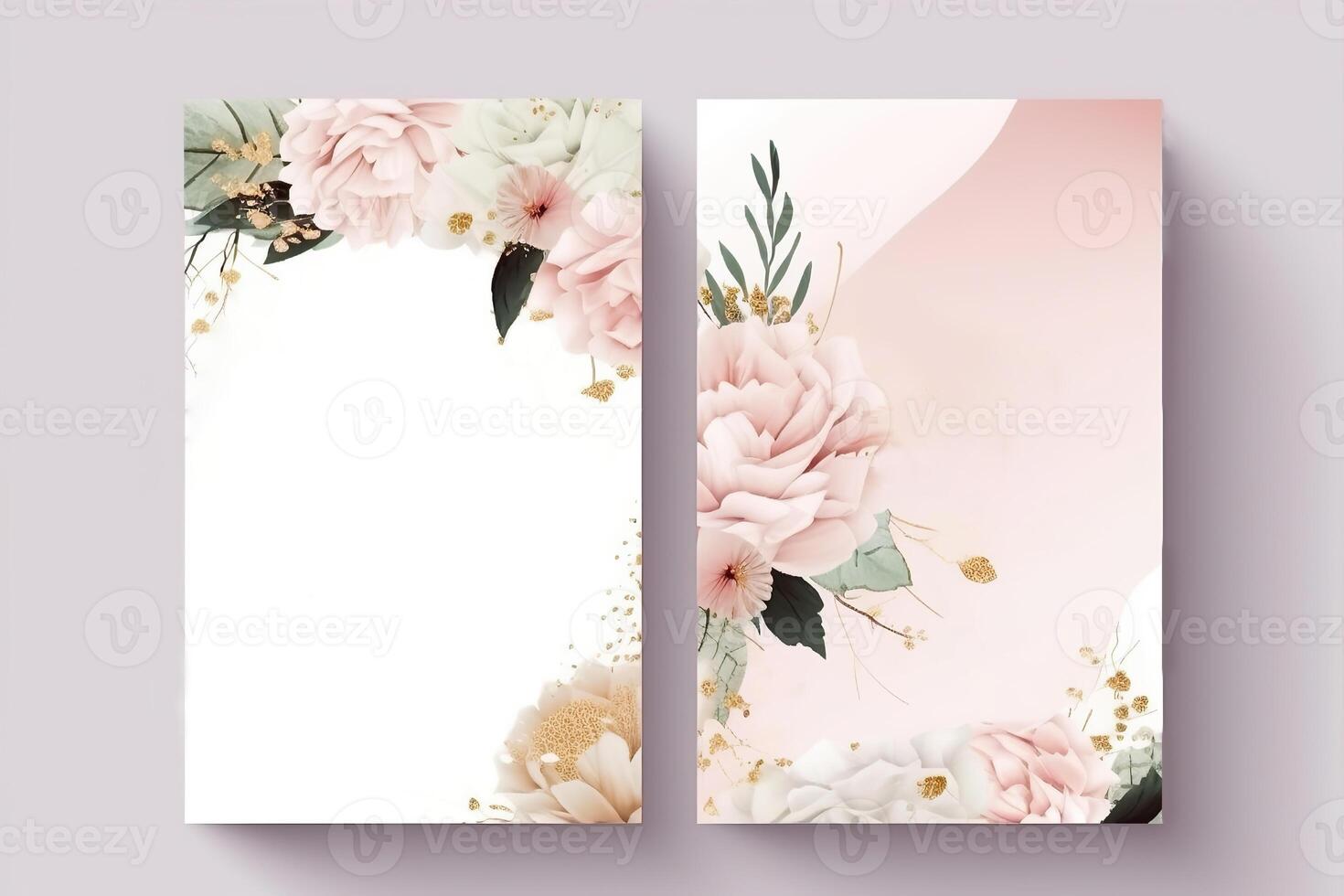 Watercolor Rose Flower and Leaves Decorative Vertical Background Or Card Mockup. Illustration. photo