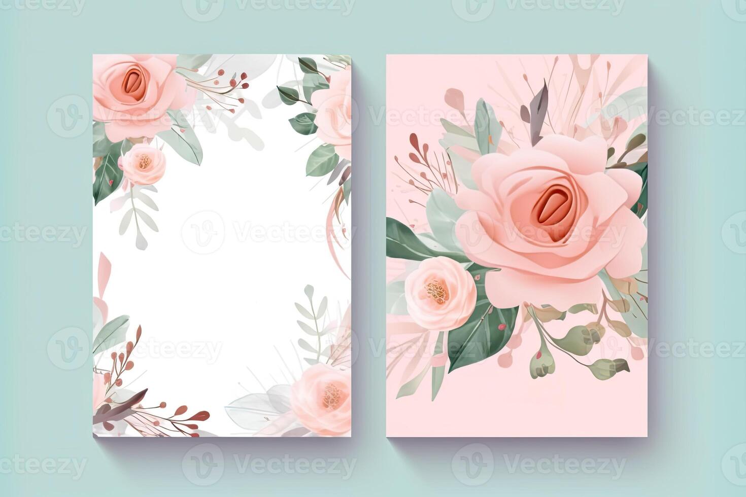 Watercolor Rose Flower and Leaves Decorative Vertical Background Or Card Mockup. Illustration. photo