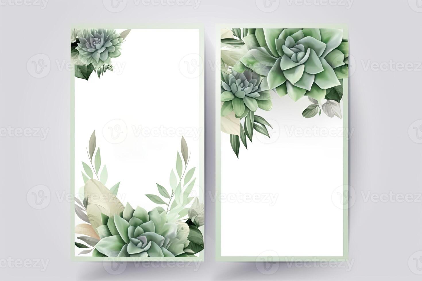 Watercolor Botanical Composition Vertical Background or Card Design with Succulent Flowers, Leaves. Illustration. photo