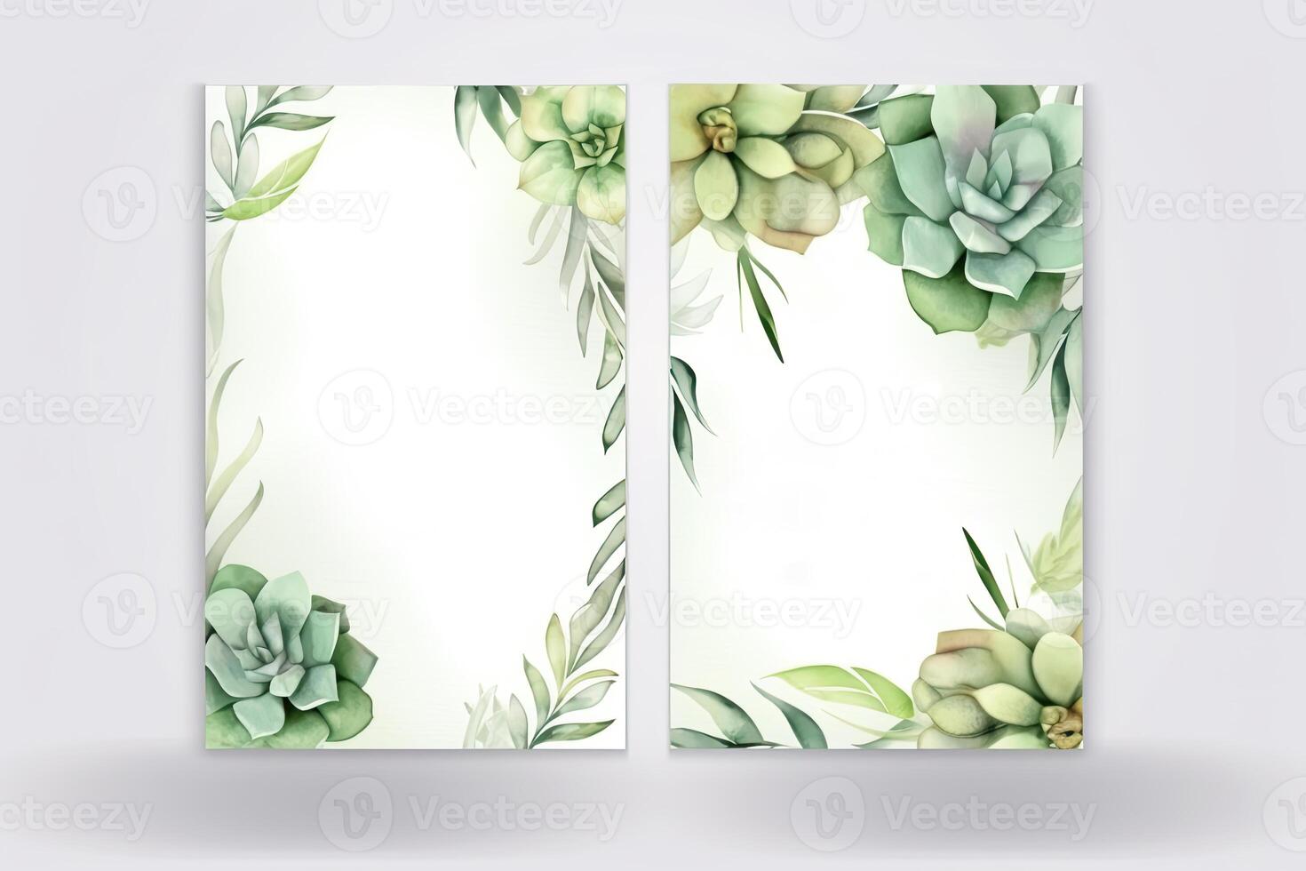 Watercolor Botanical Composition Vertical Background or Card Design with Succulent Flowers, Leaves. Illustration. photo