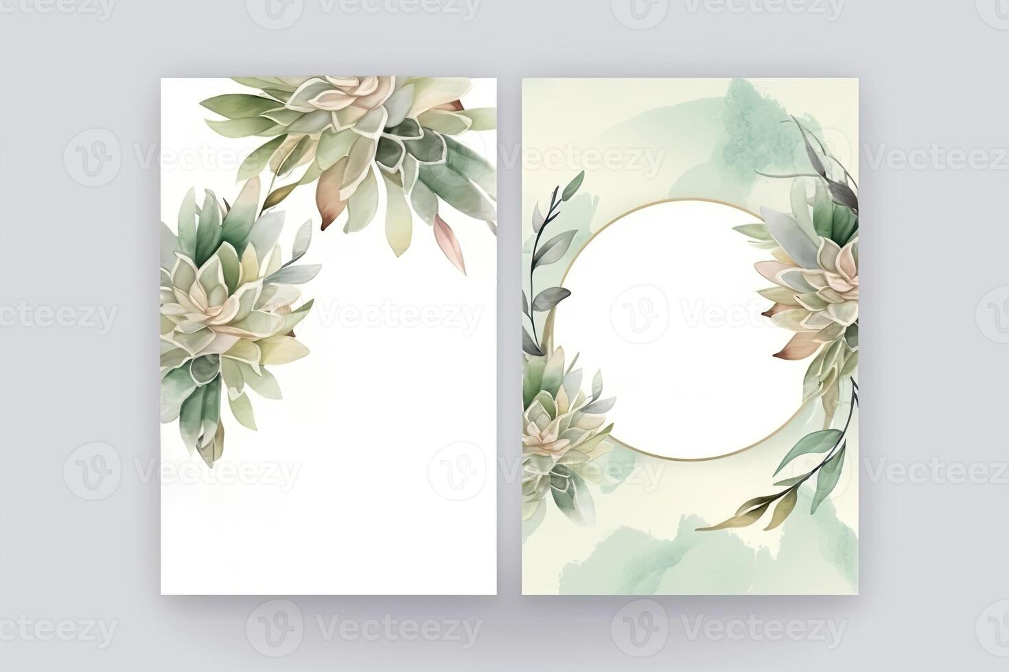 Watercolor Botanical Composition Vertical Background or Card Design with Succulent Flowers, Leaves. Illustration. photo