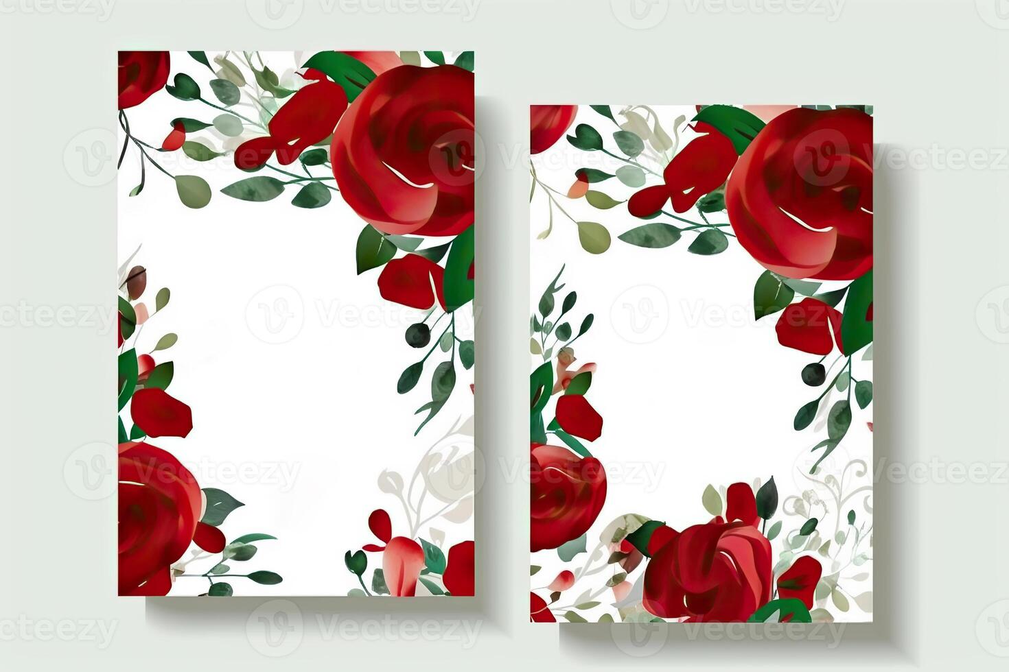 Watercolor Red Rose Flower and Leaves Decorative Vertical Background or Card Mockup. Illustration. photo