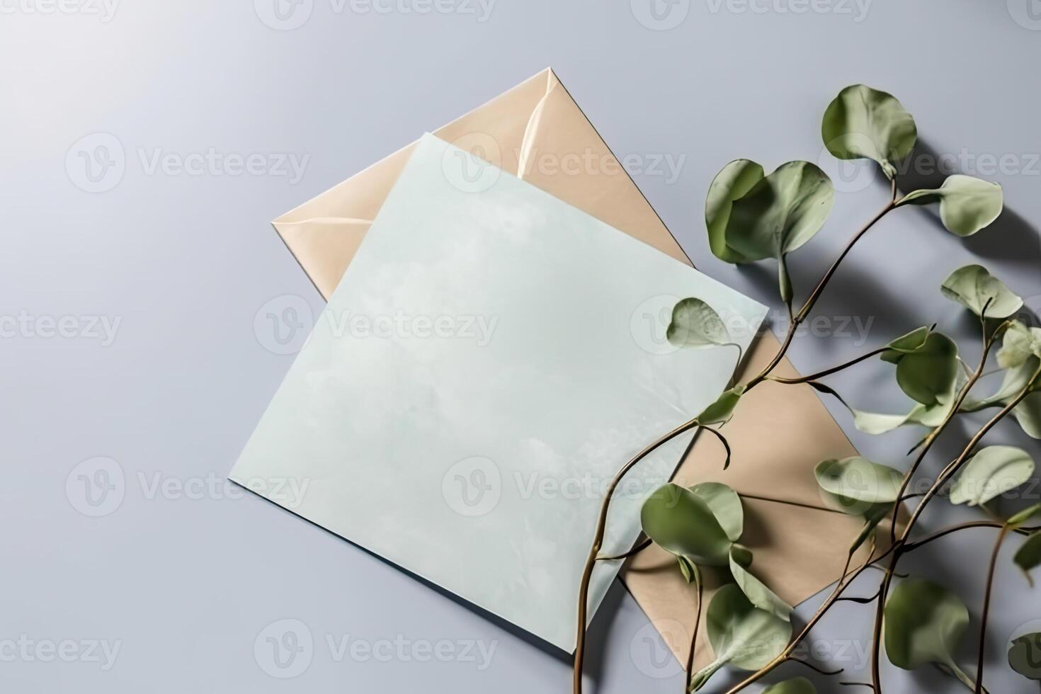 Top View of Blue Blank Invitation Card with Envelope Eucalyptus Branch on Background, Mock up Template for Design or product placement created using . photo