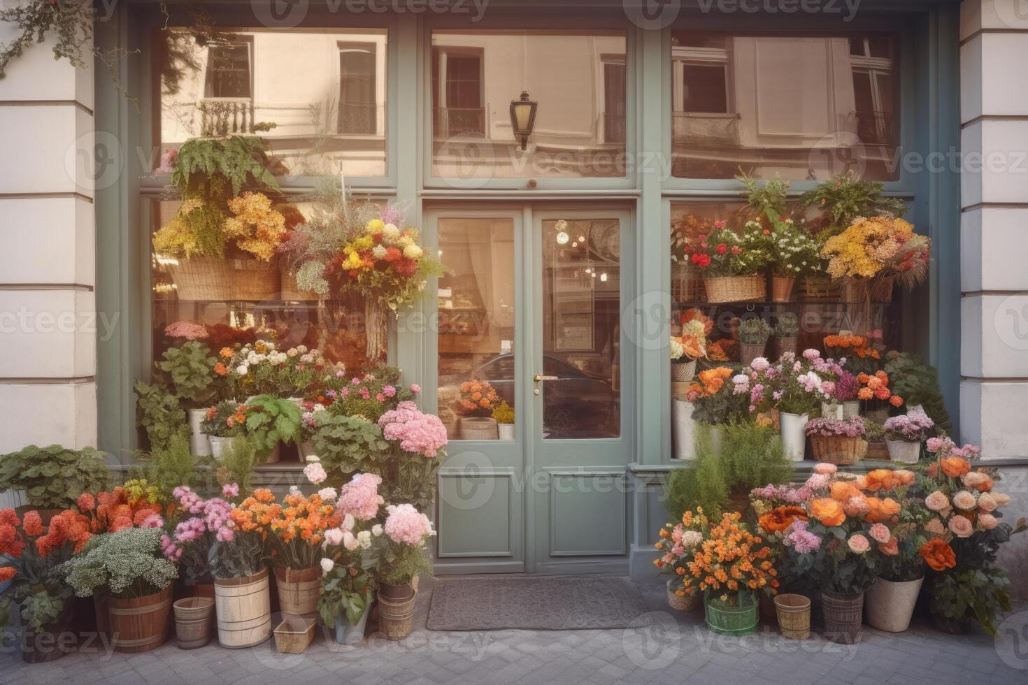 hermosa florista tienda en el calle esquina, generativo ai. foto