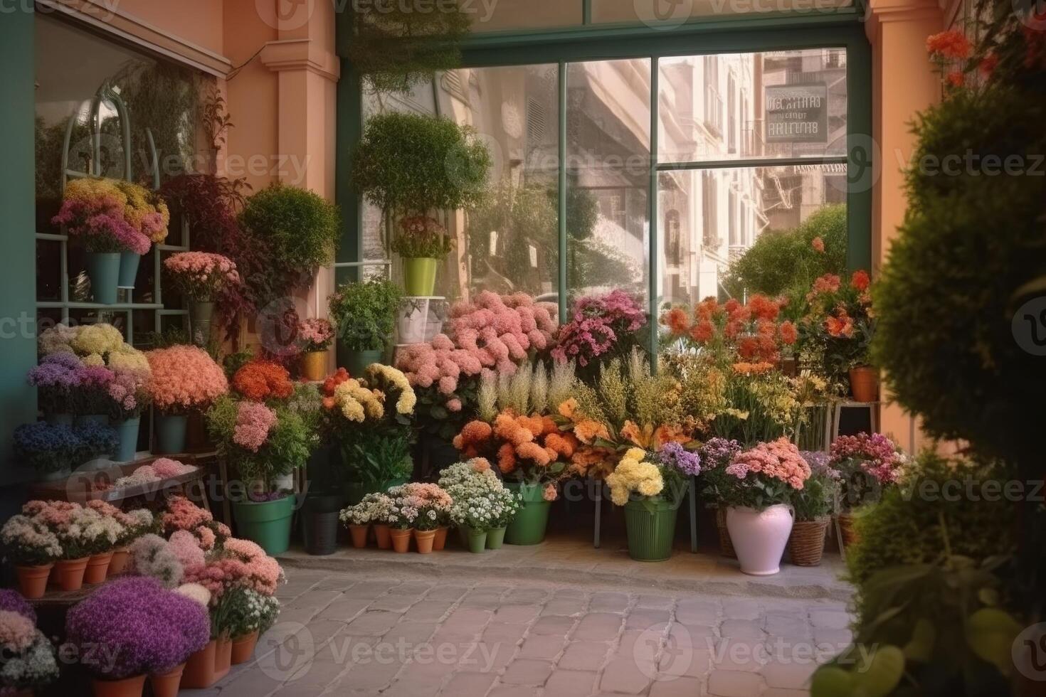 Beautiful Florist Shop on the Street Corner, Generative AI. photo