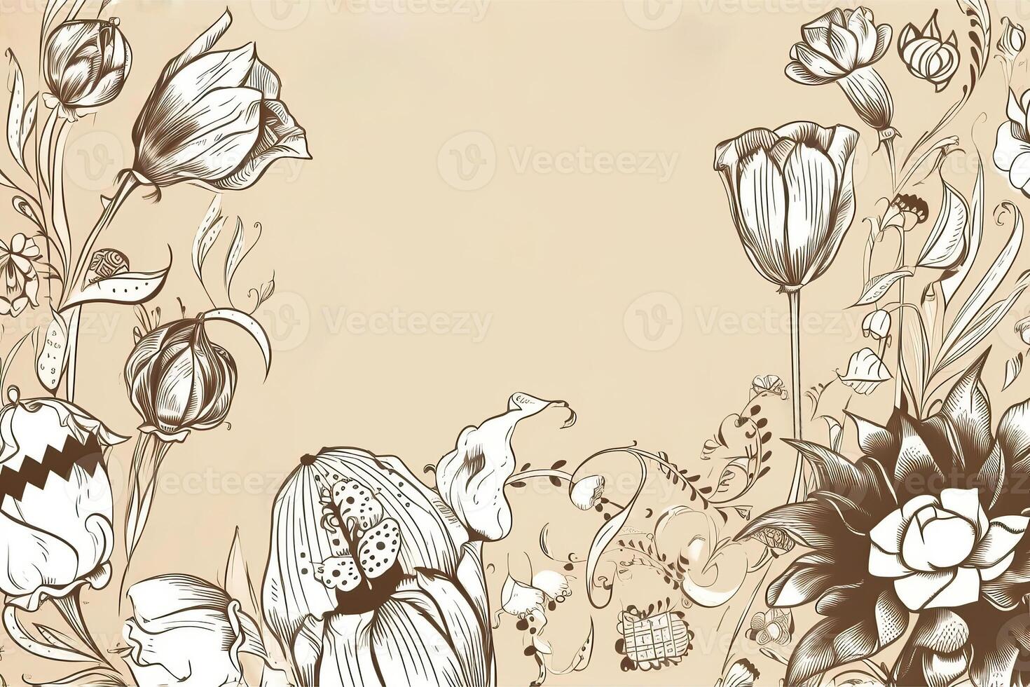 Hand Drawn Botanic Composition As A Flowers and Leaves on Peach Background. Illustration. photo