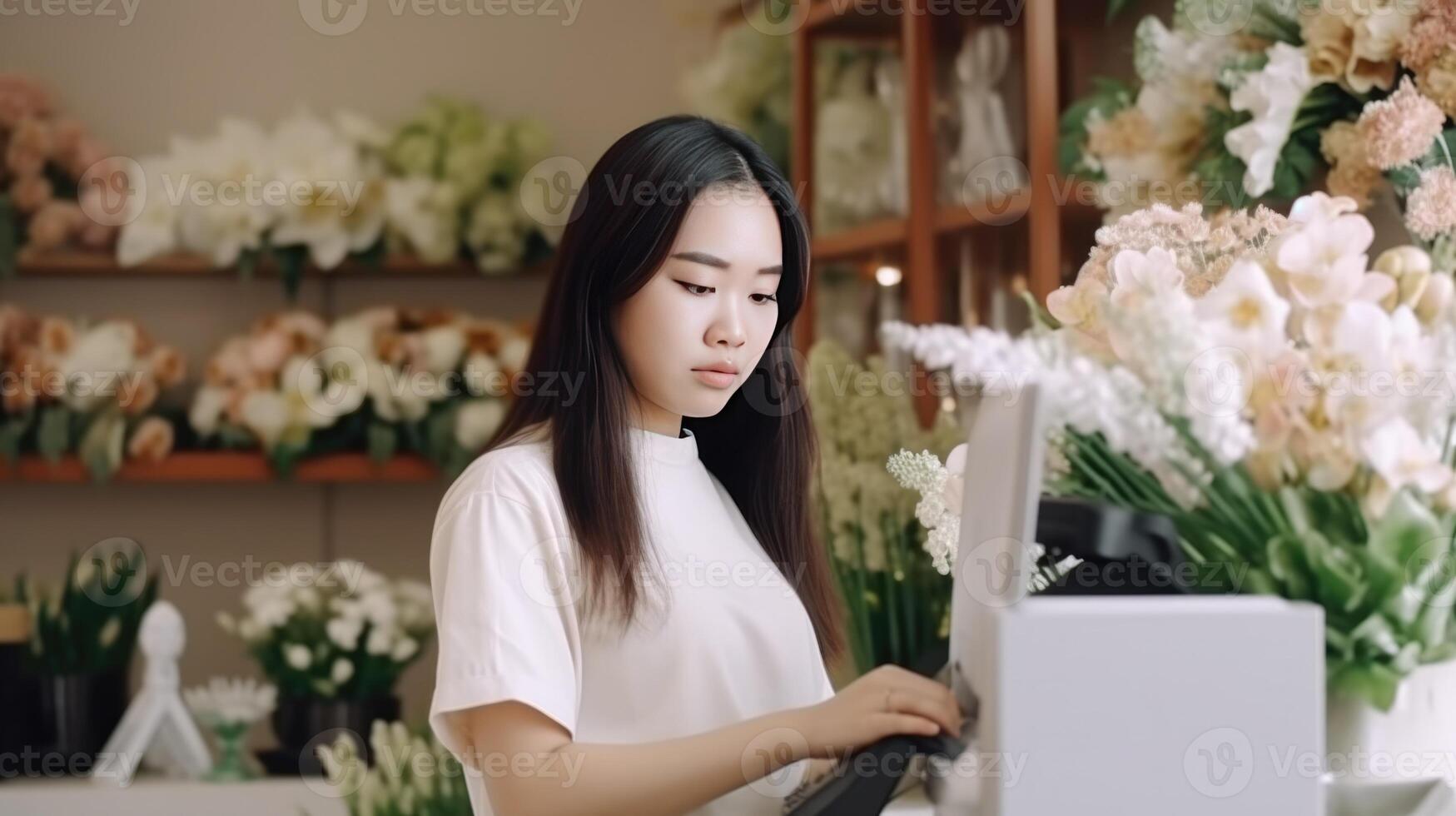 Portrait of Asian Teenage Girl Florist Working in Her Shop, Generative AI. photo