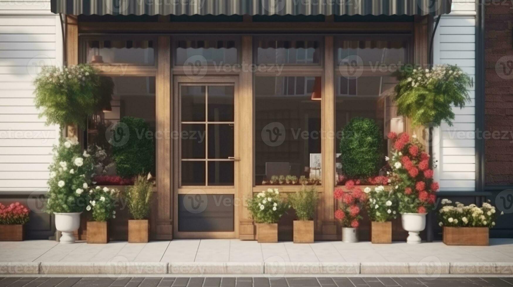 Modern Beautiful Wooden Exterior Florist Shop on the Street, Generative AI. photo