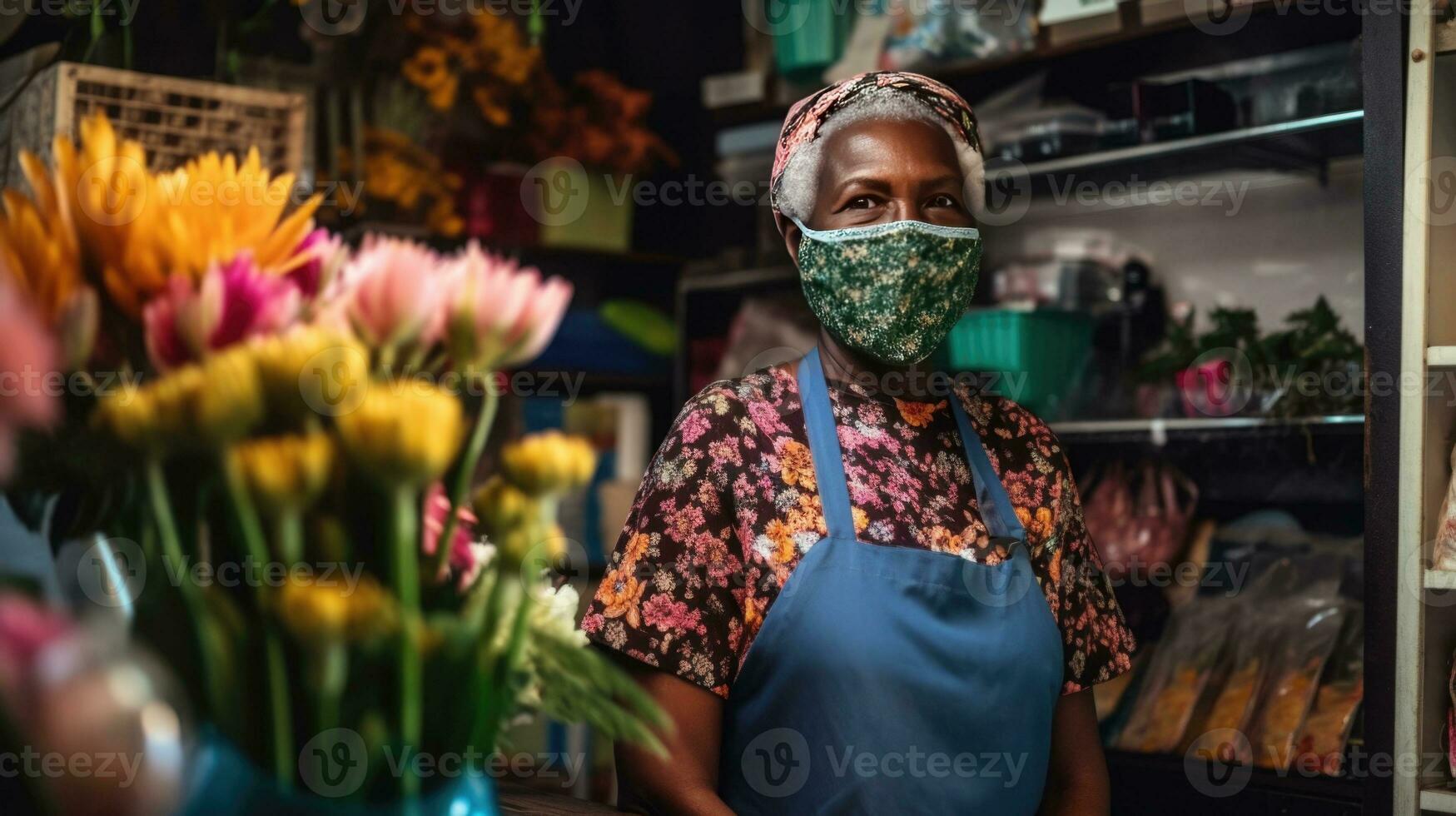 Portrait of Elderly African Female Florist Assistant Wearing Mask During Work in Her Shop, Generative AI. photo