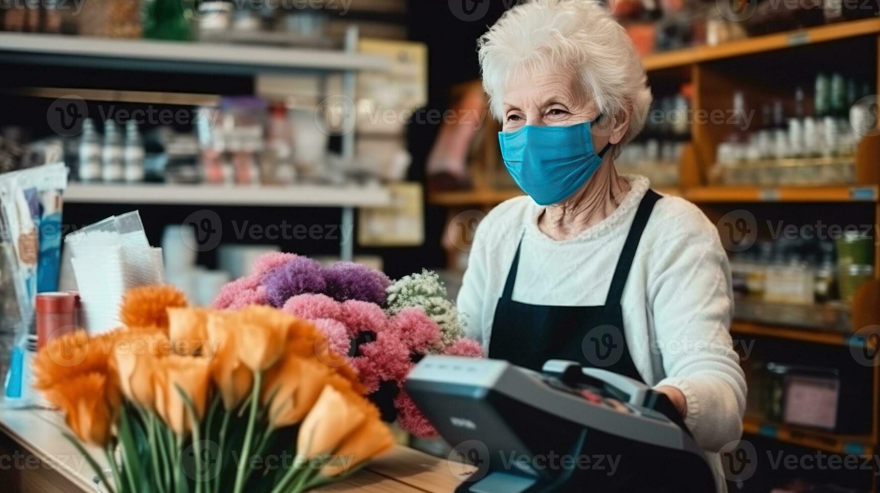mayor hembra asistente vistiendo máscara durante trabajando en florista comercio, generativo ai. foto