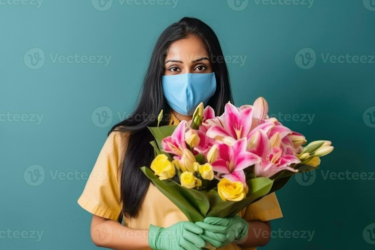 Indian Young Woman Wearing Mask and Holding Bouquet of Roses and Lily Flower, Generative AI. photo