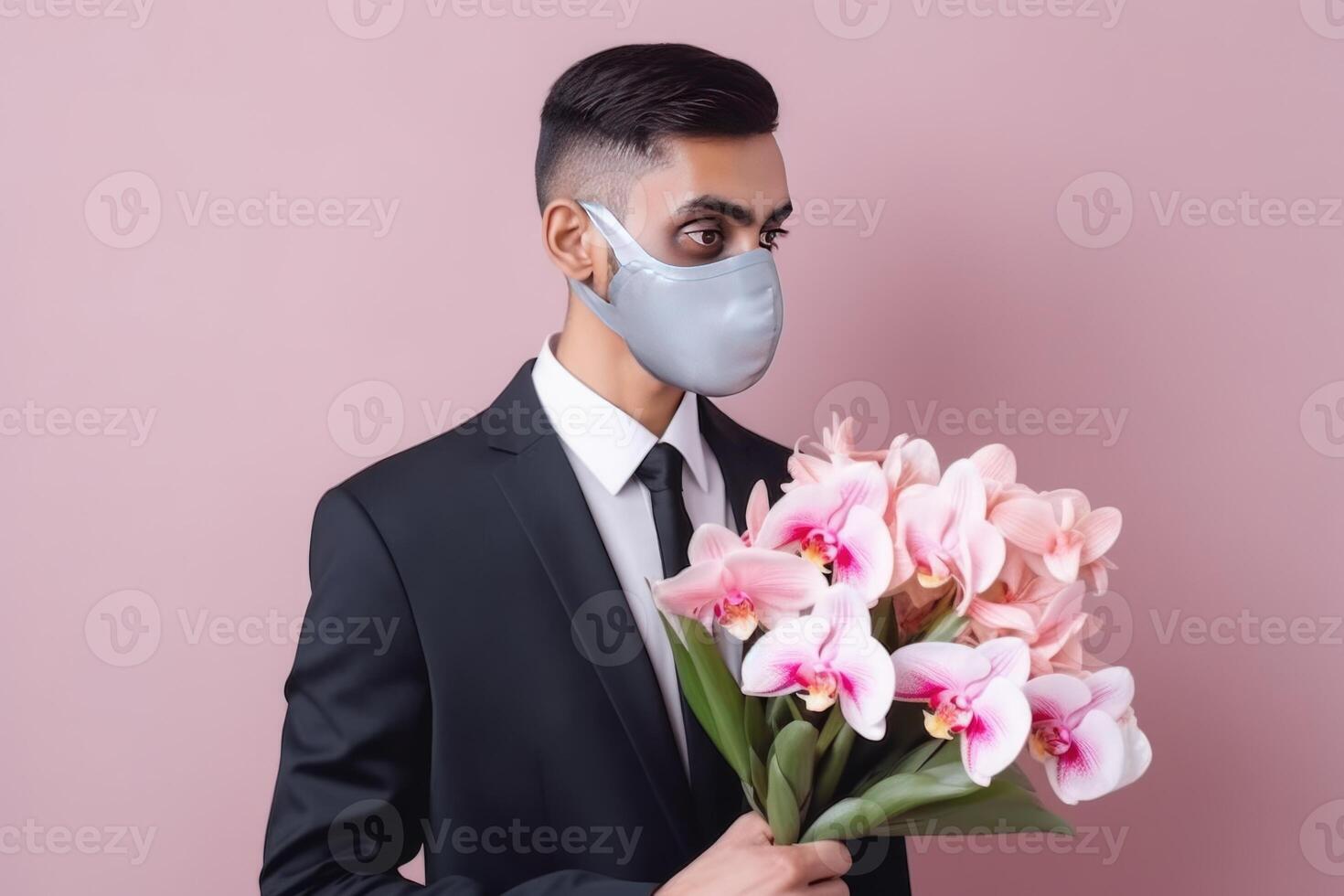 retrato de indio hombre en formal traje con máscara y participación orquídea ramo, generativo ai. foto