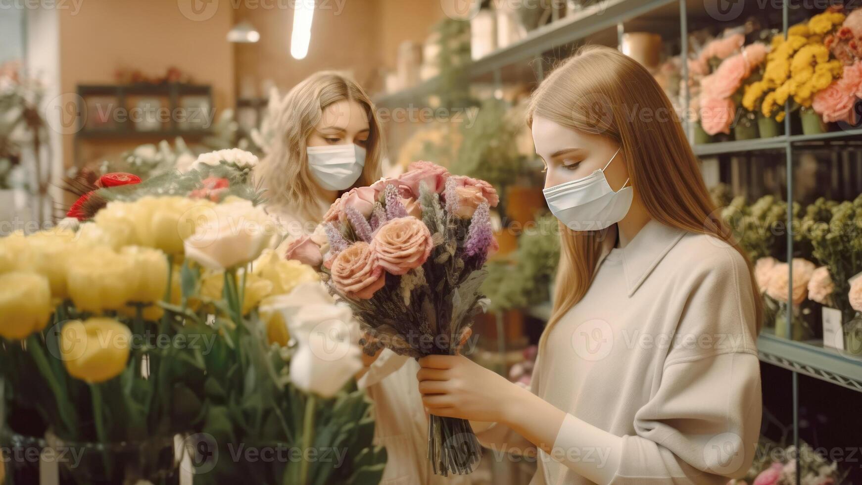 Portrait of Beautiful Female Florist Assistants Wearing Mask While