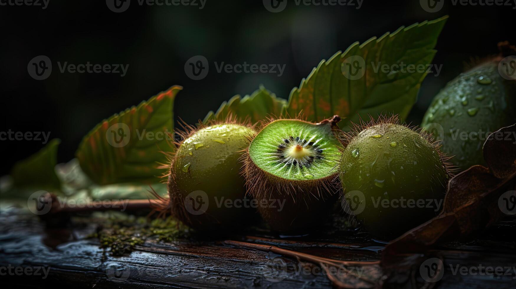 hermosa orgánico antecedentes de todo y cortar Fresco kiwis con agua gotas, creado por generativo ai tecnología. foto