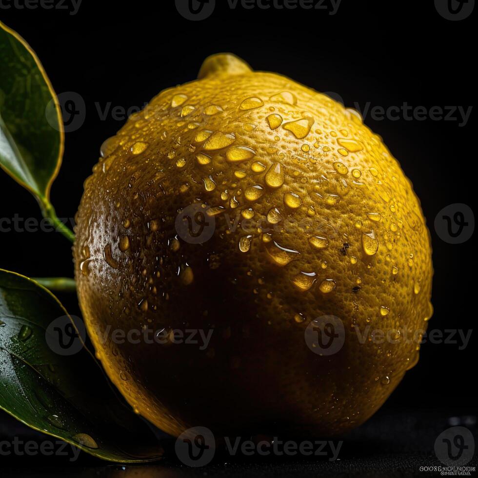 Striking Photography of Yellow Ripe Lemon with Leaves and Water Drops on Dark Background, . photo