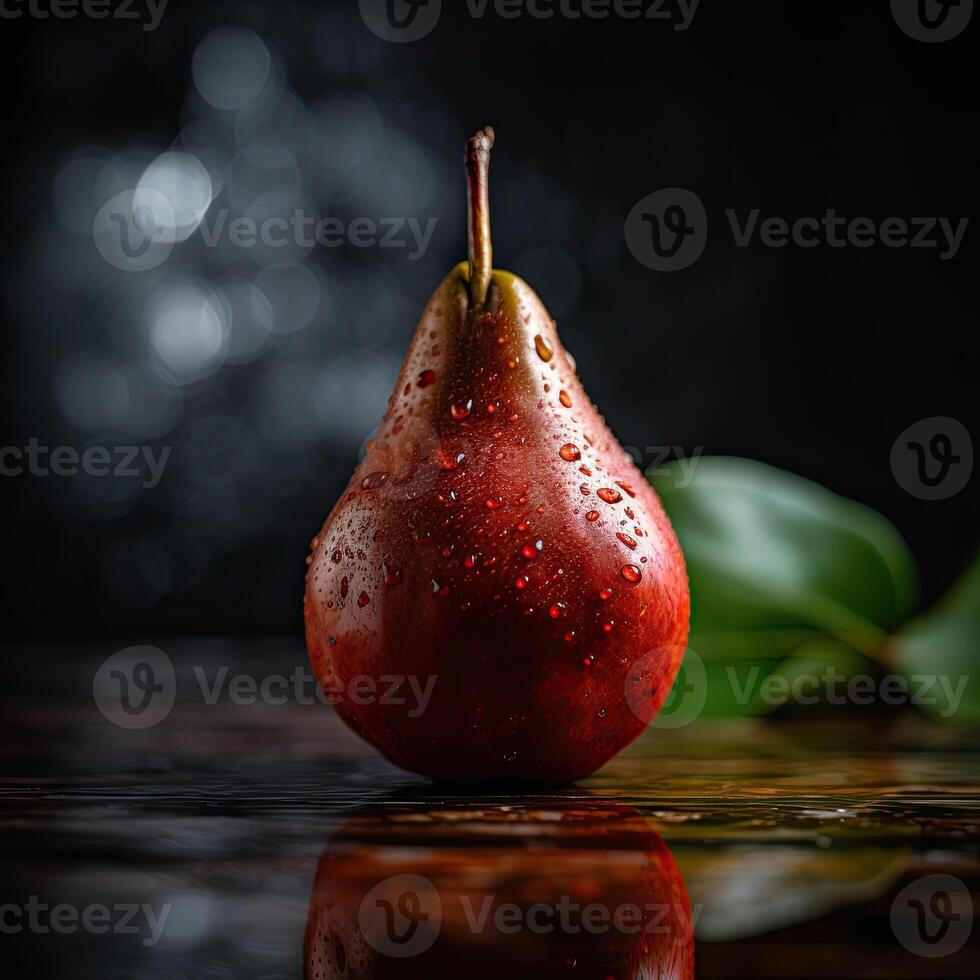 Striking Photography of Delicious Ripe Pear with Water Drops on Dark Background, . photo