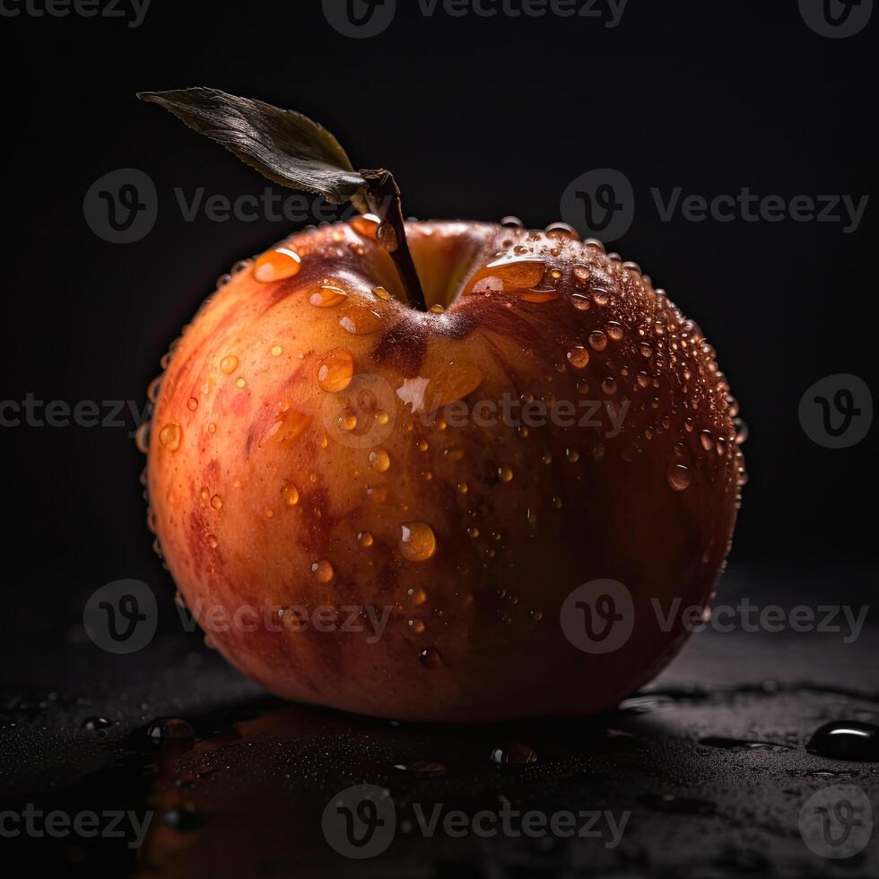 sorprendentes fotografía de delicioso rojo manzana con agua gotas en oscuro fondo, generativo ai. foto