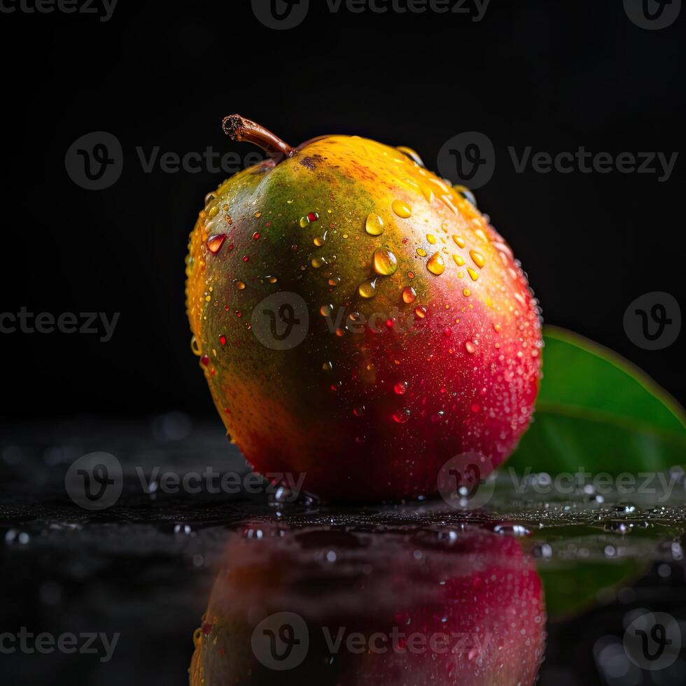 Striking Photography of Red And Yellow Ripe Pear with Droplet Water on Dark Background. . photo