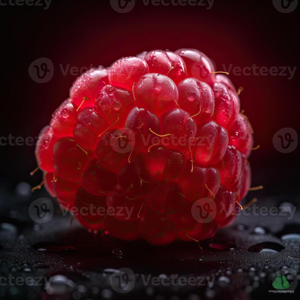 sorprendentes fotografía de jugoso rasberry aislado en oscuro antecedentes. generativo ai. foto