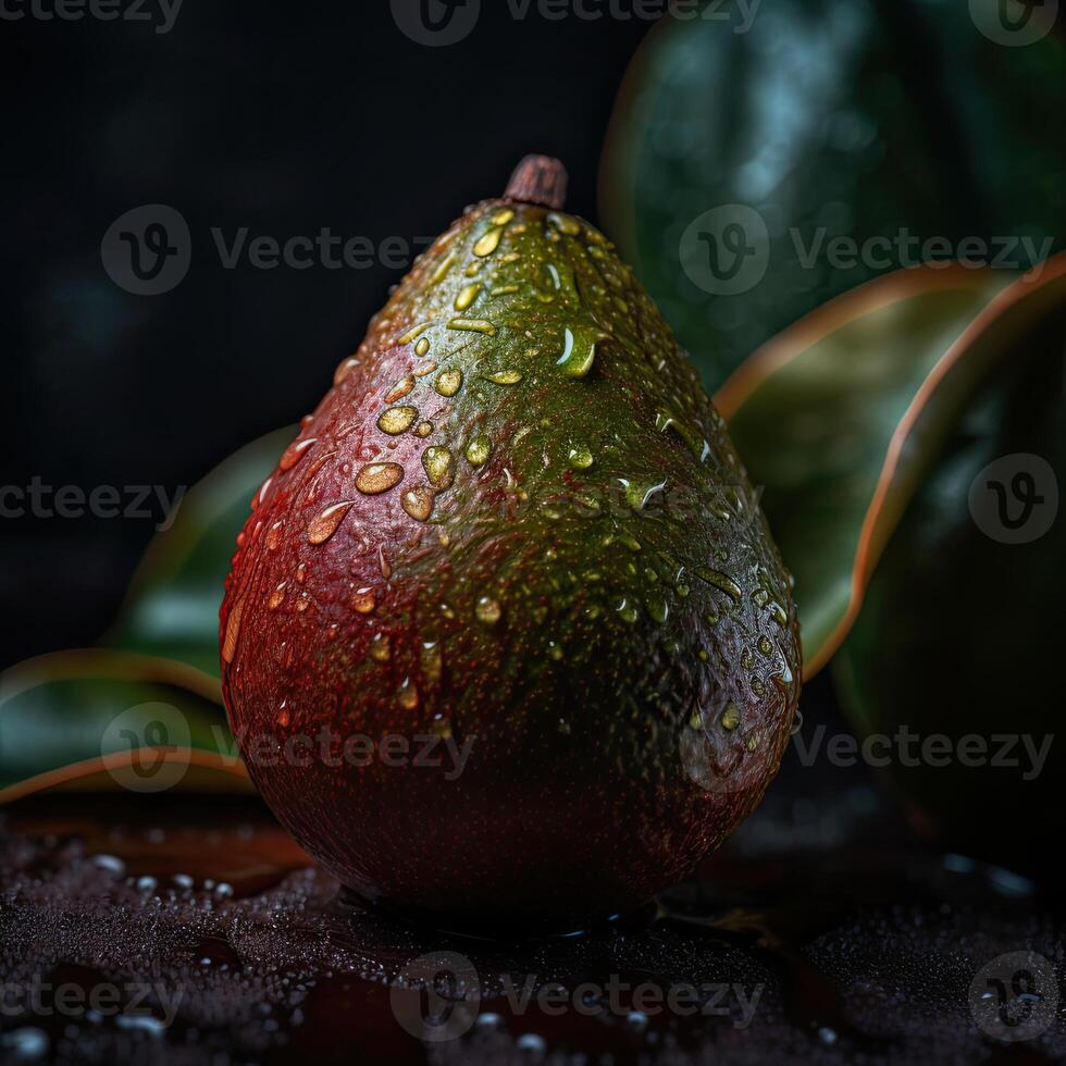 Striking Photography of Ripe Avocado Adorned with Droplet Water and Leaves on Dark Background, . photo
