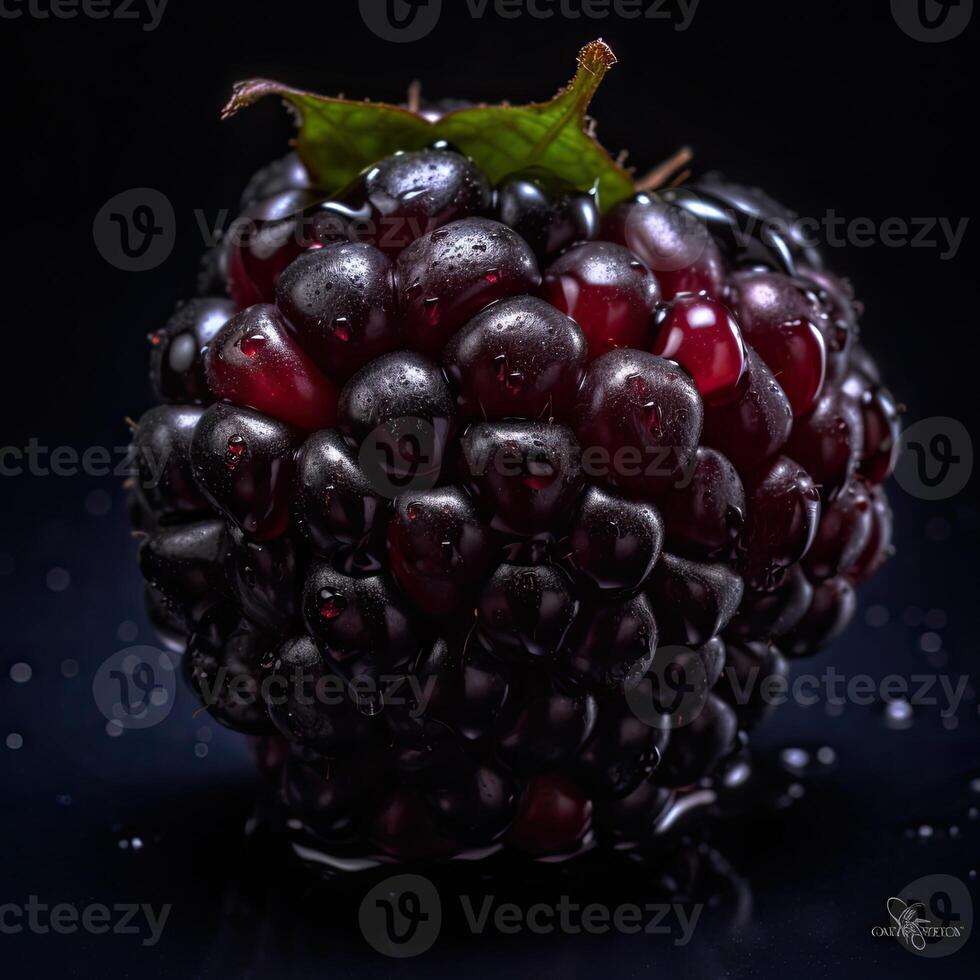 Striking Photography of Juciy Blackberry Isolated on Dark background. Generative AI. photo