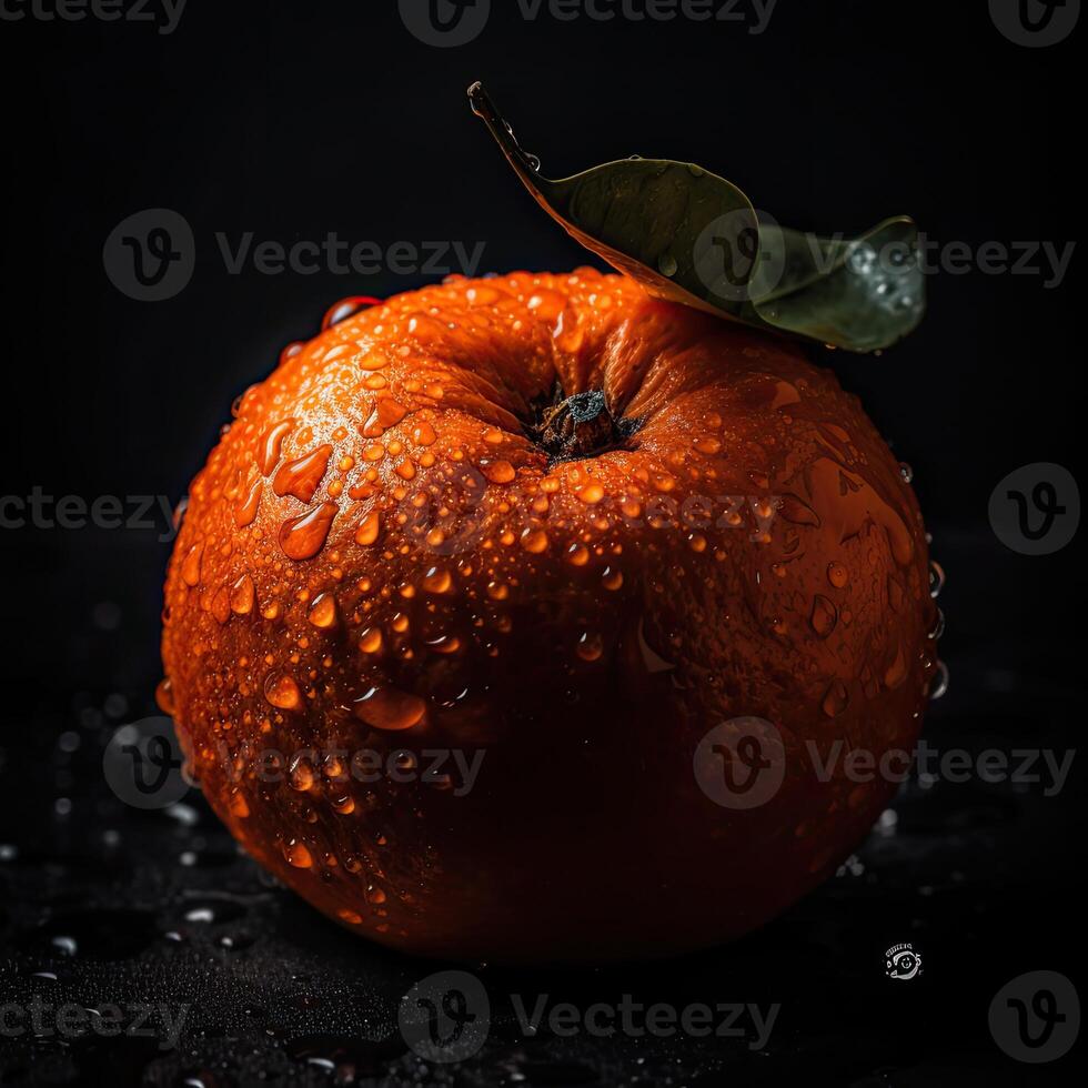 sorprendentes fotografía de jugoso naranja con agua gotas en oscuro fondo, generativo ai. foto