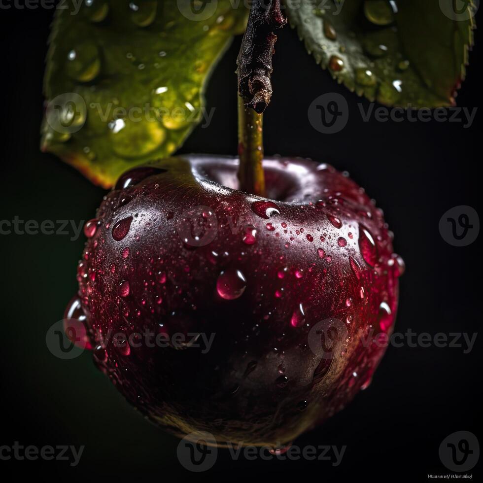 sorprendentes fotografía de delicioso rojo Cereza con agua gotas en oscuro fondo, generativo ai. foto