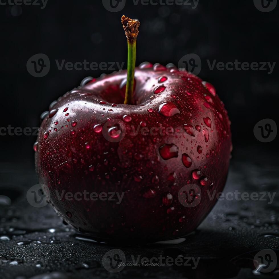 Striking Photography of Delicious Red Cherry with Water Drops on Dark Background, . photo