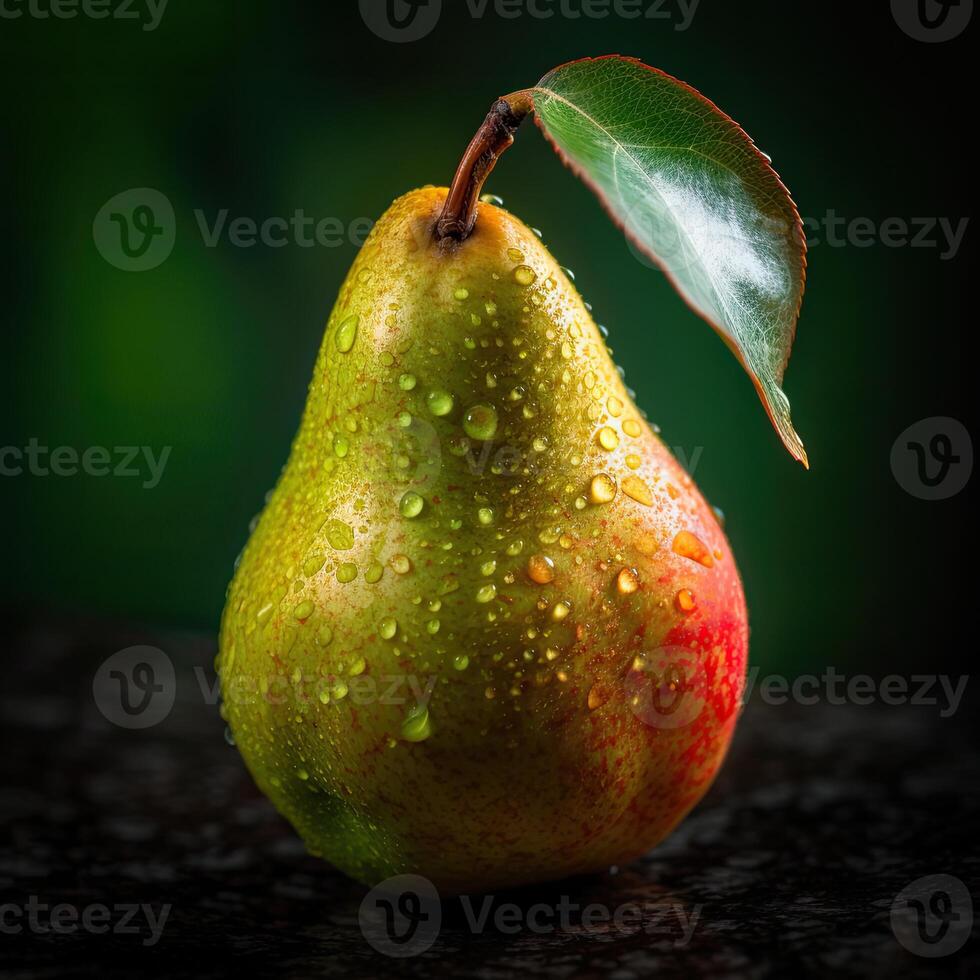 Striking Photography of Delicious Ripe Pear with Droplet Water on Green Background, . photo