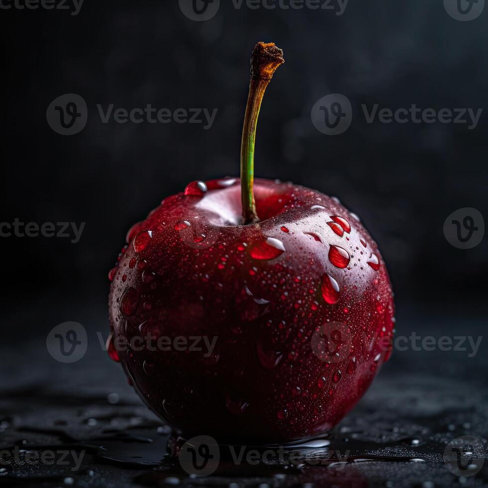 sorprendentes fotografía de delicioso rojo Cereza con agua gotas en oscuro fondo, generativo ai. foto