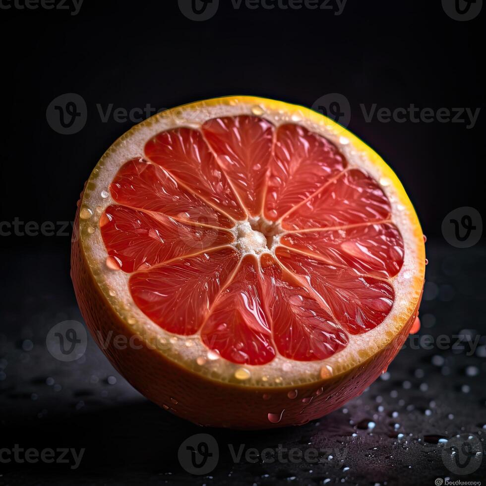 sorprendentes fotografía de uno medio jugoso pomelo en oscuro fondo, generativo ai. foto