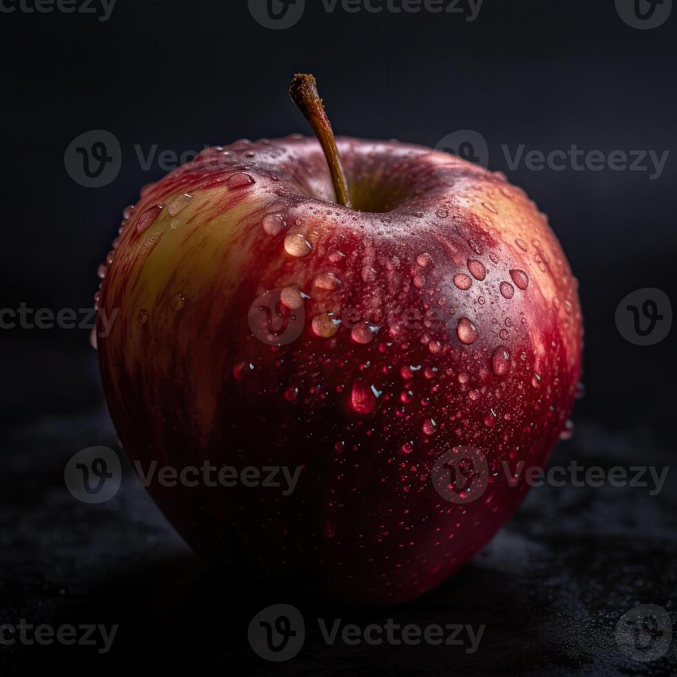 sorprendentes fotografía de delicioso rojo manzana con agua gotas en oscuro fondo, generativo ai. foto