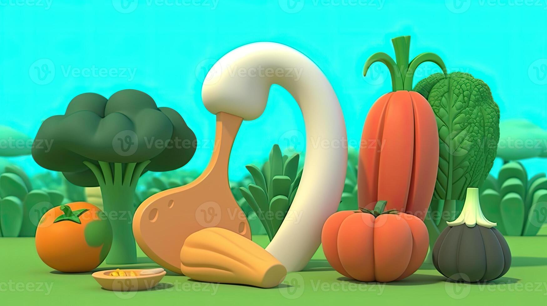 Assorted Raw Organic Vegetables on Farming Disney Landscape. Digital Illustration. photo