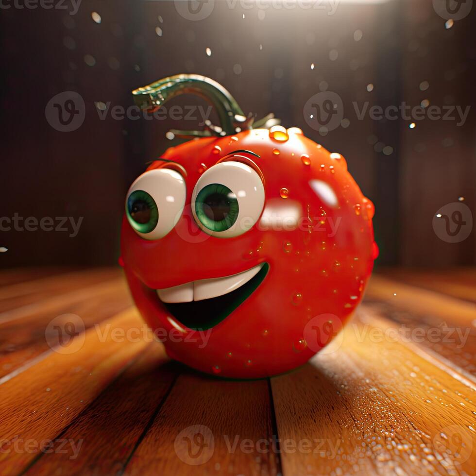 Pixar Style Happy Tomato 3D Character with Droplet Water on Shiny Wooden Background. . photo