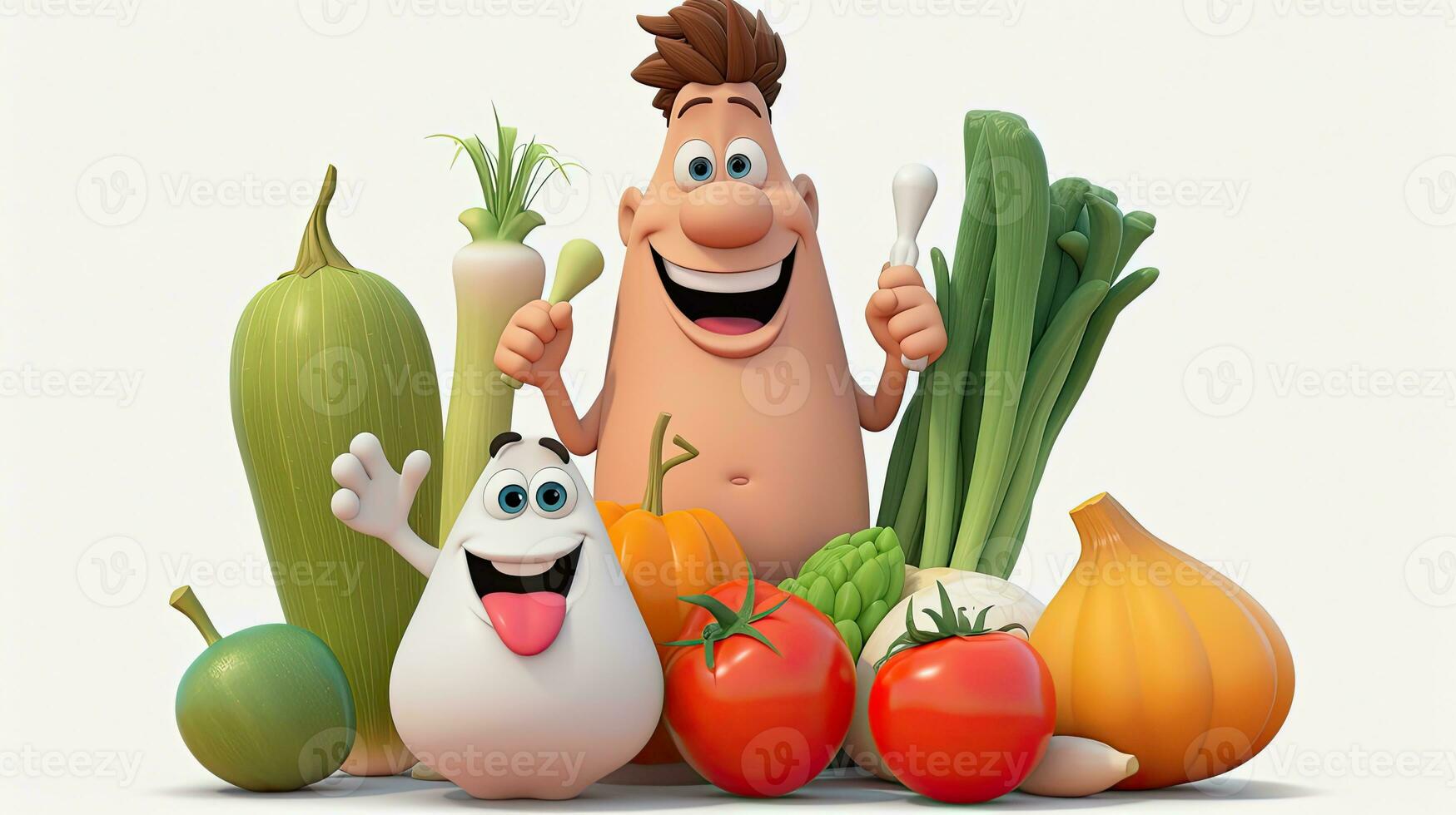 Assorted Vegetables Cartoon Characters in Pixar Style for Healthy Food. Digital Illustration. photo