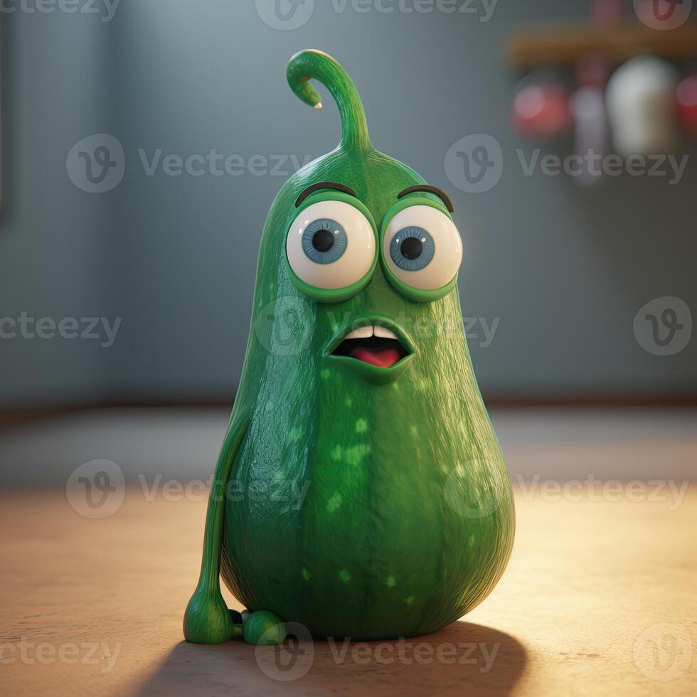 Pixar Style Cute Zucchini 3D Character on Shiny Background. . photo