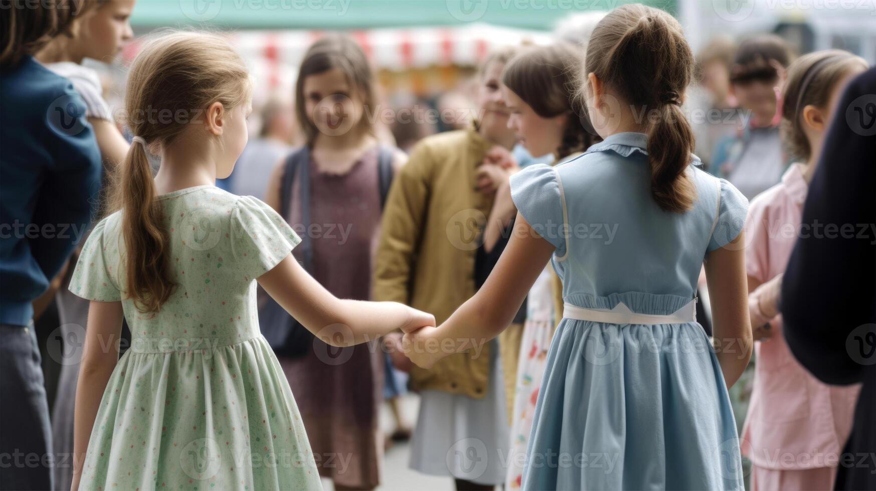 Back View of Young Girls Holding Hands on Crowded Place. Illustration. photo