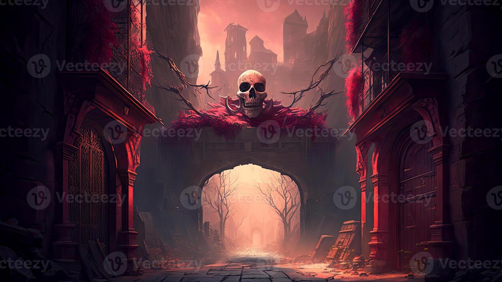 Spooky castle, scary, horror, old gothic castle, haunted mansion, dark fantasy town with red trees. , digital illustration. photo