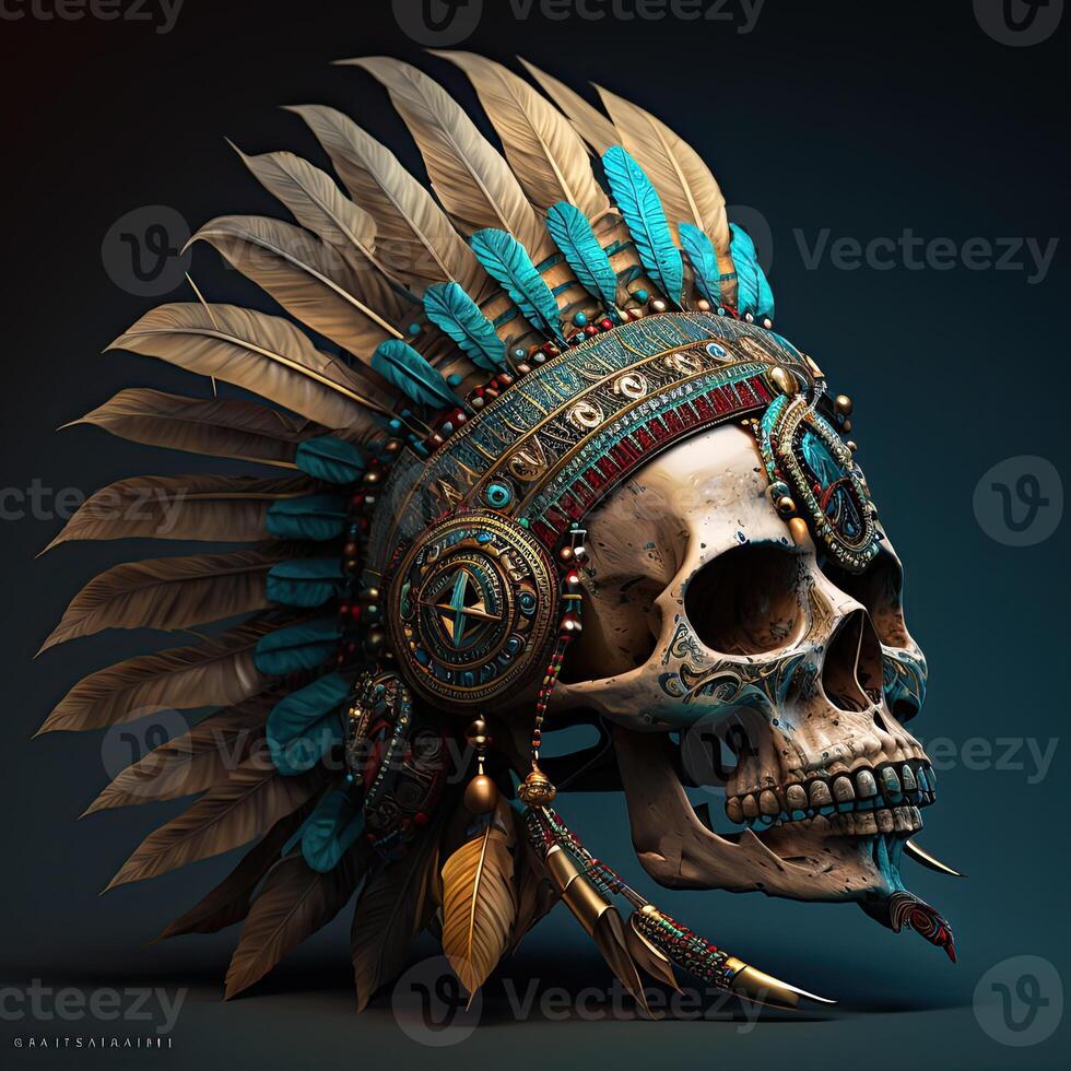 Skull decoration with feather boho style, tribe background, . photo