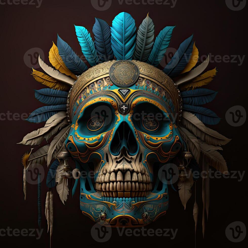 Skull decoration with feather boho style, tribe background, . photo
