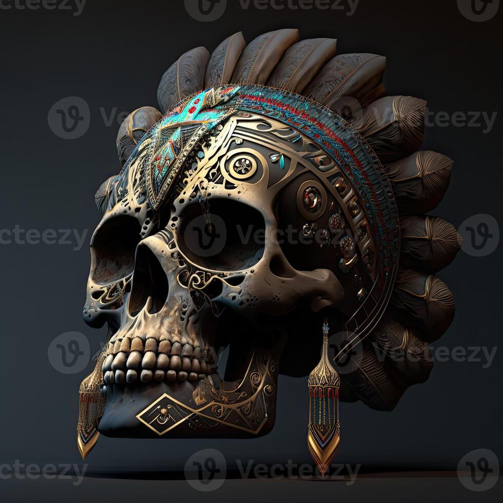 Skull decoration with feather boho style, tribe background, . photo