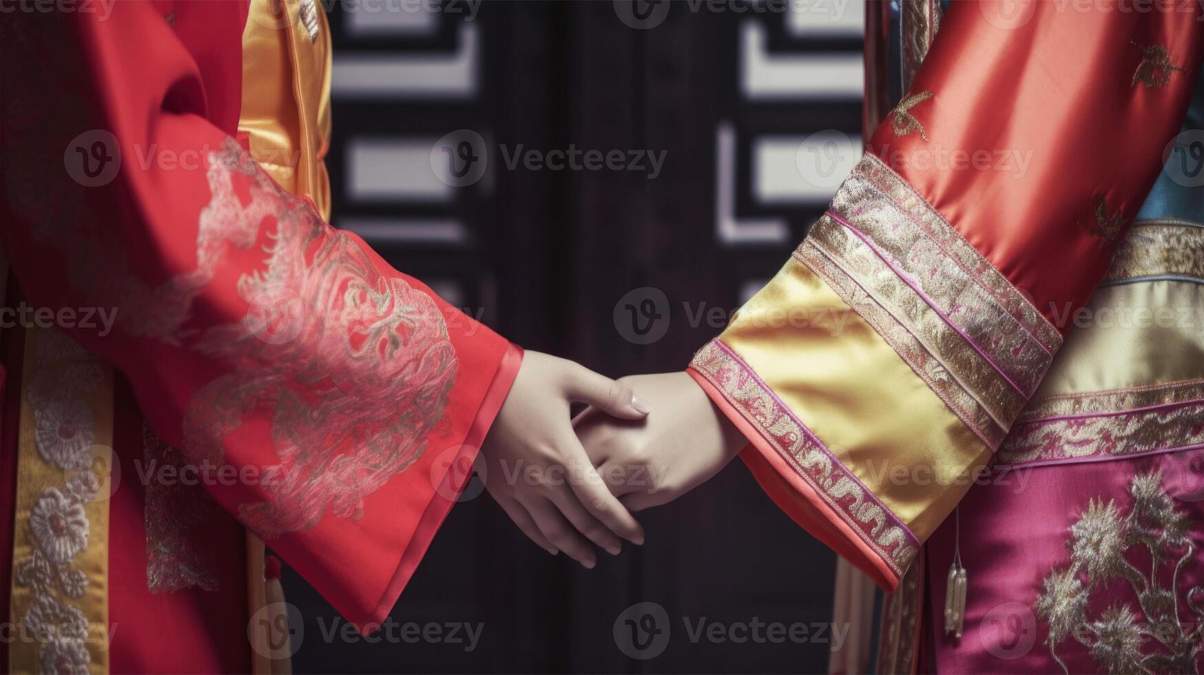 Friendly or casual handshake between Chinese Women in their traditional attires. . photo