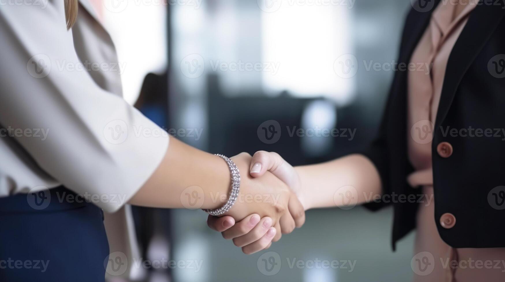 Business handshake between two women. Close up. Inside a modern bright office. . photo