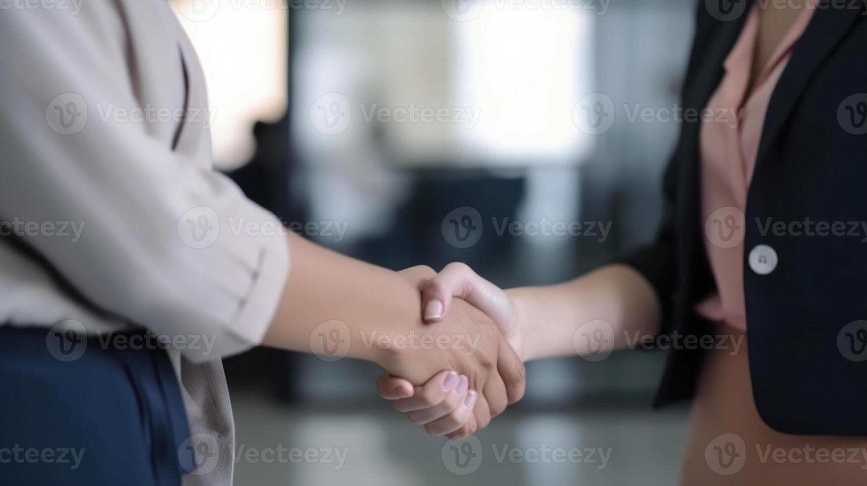Business handshake between two women. Close up. Inside a modern bright office. . photo