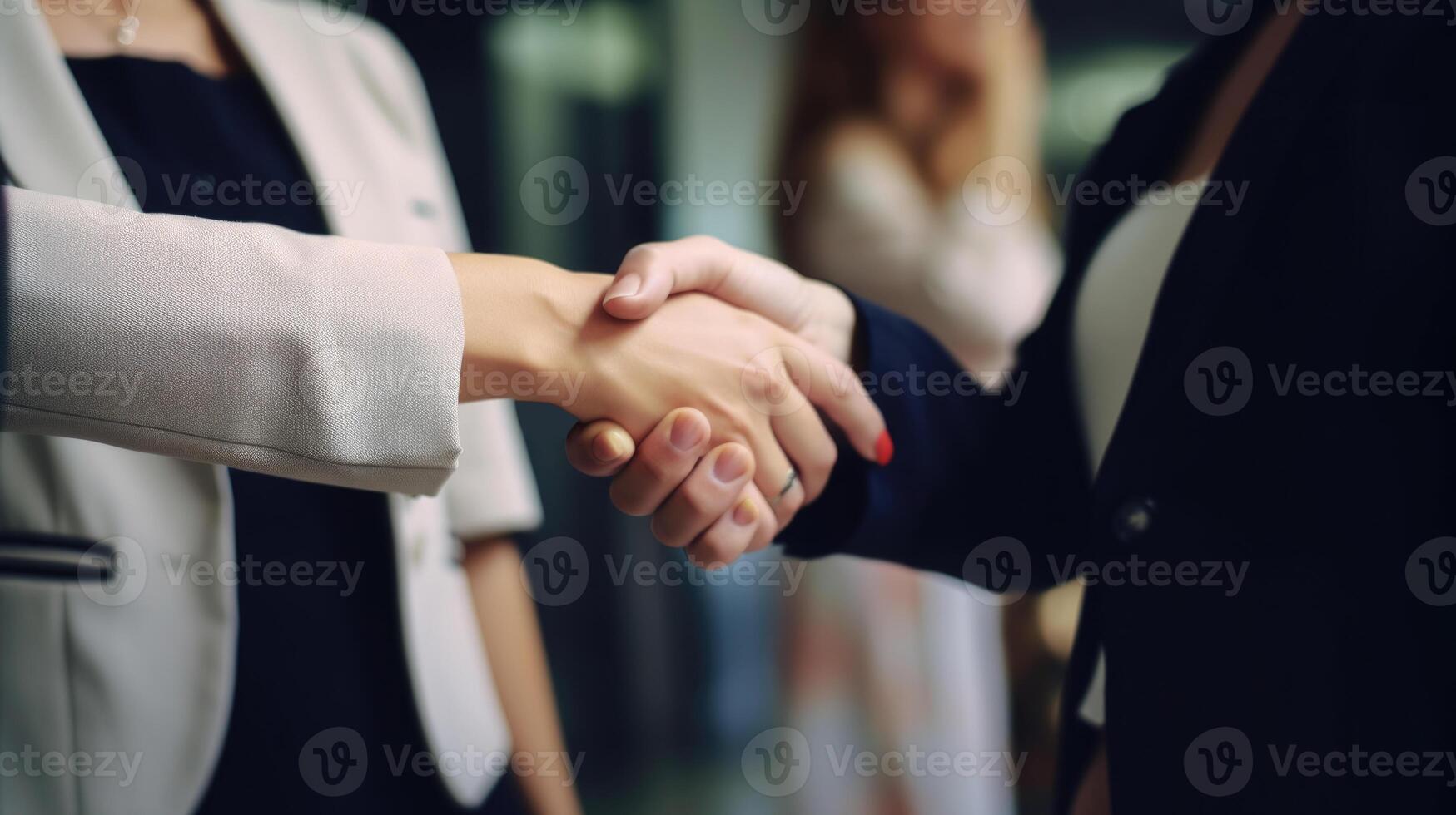 Business handshake between two women. Close up. Inside a modern bright office. . photo