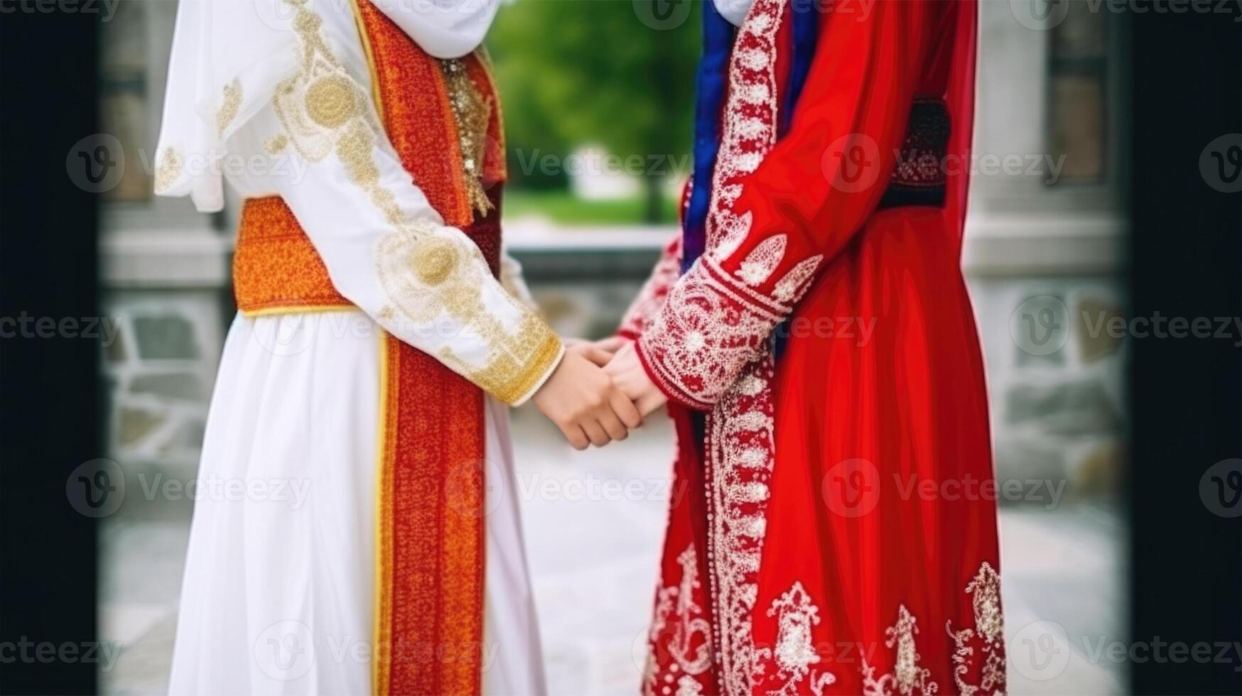 Friendly or casual handshake between Multicultural Asian Women in their traditional attires. . photo