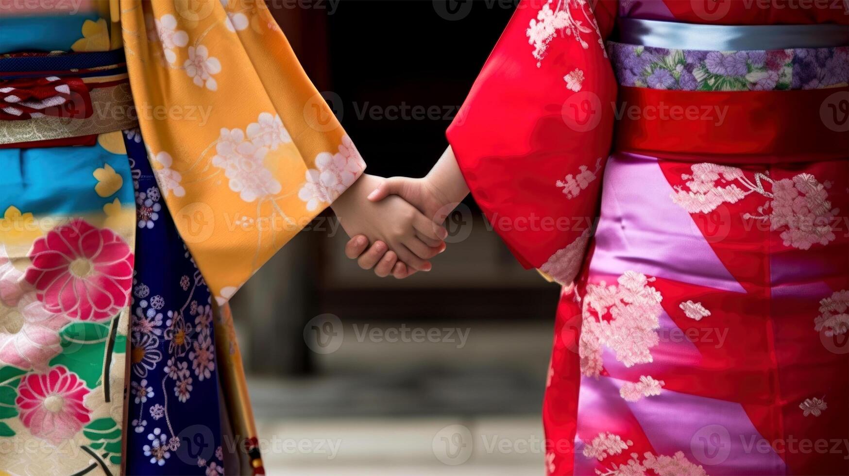 Friendly or casual handshake between Multicultural Asian Women in their traditional attires. . photo