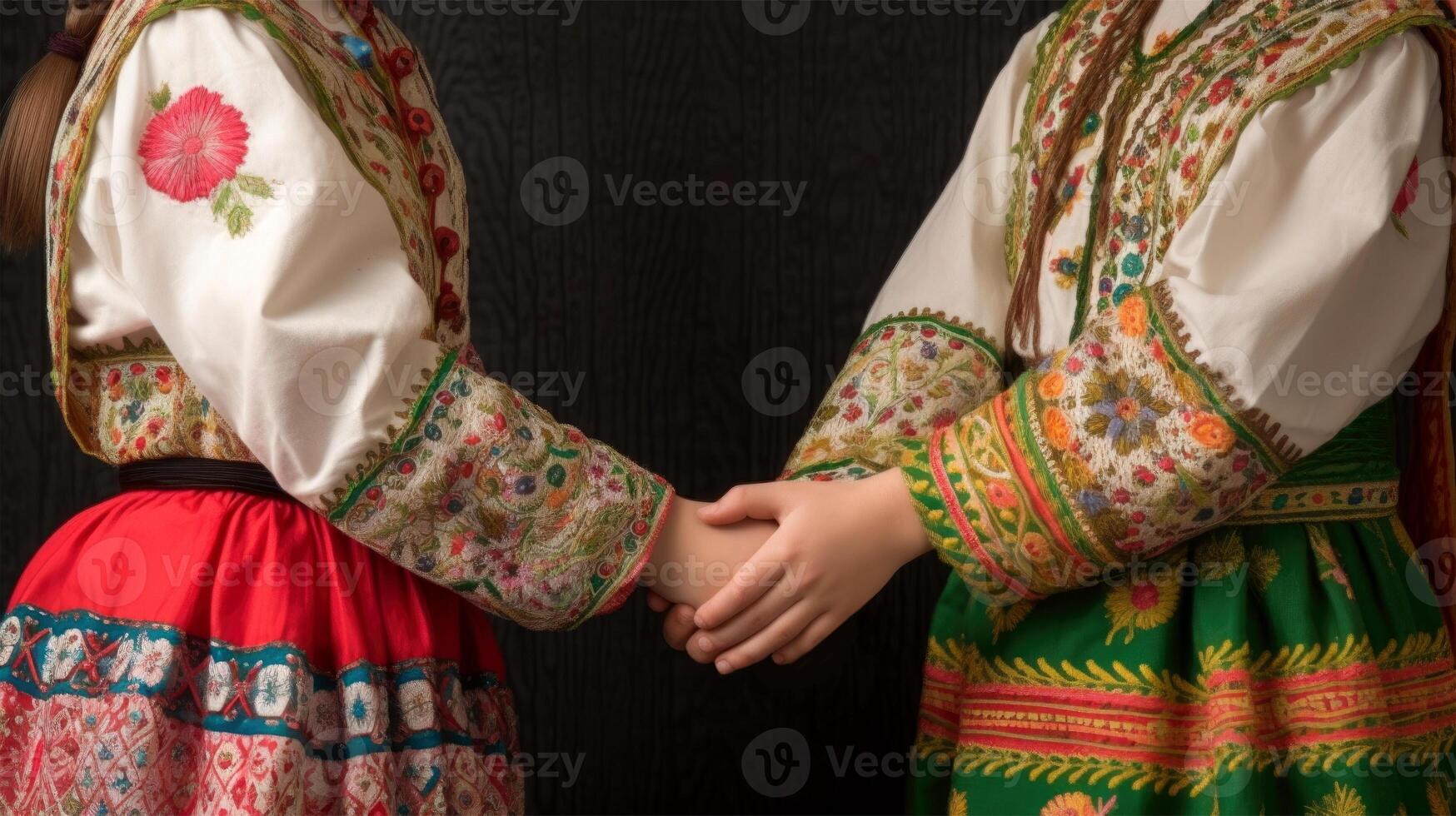 simpático o casual apretón de manos Entre multicultural asiático mujer en su tradicional atuendos generativo ai. foto